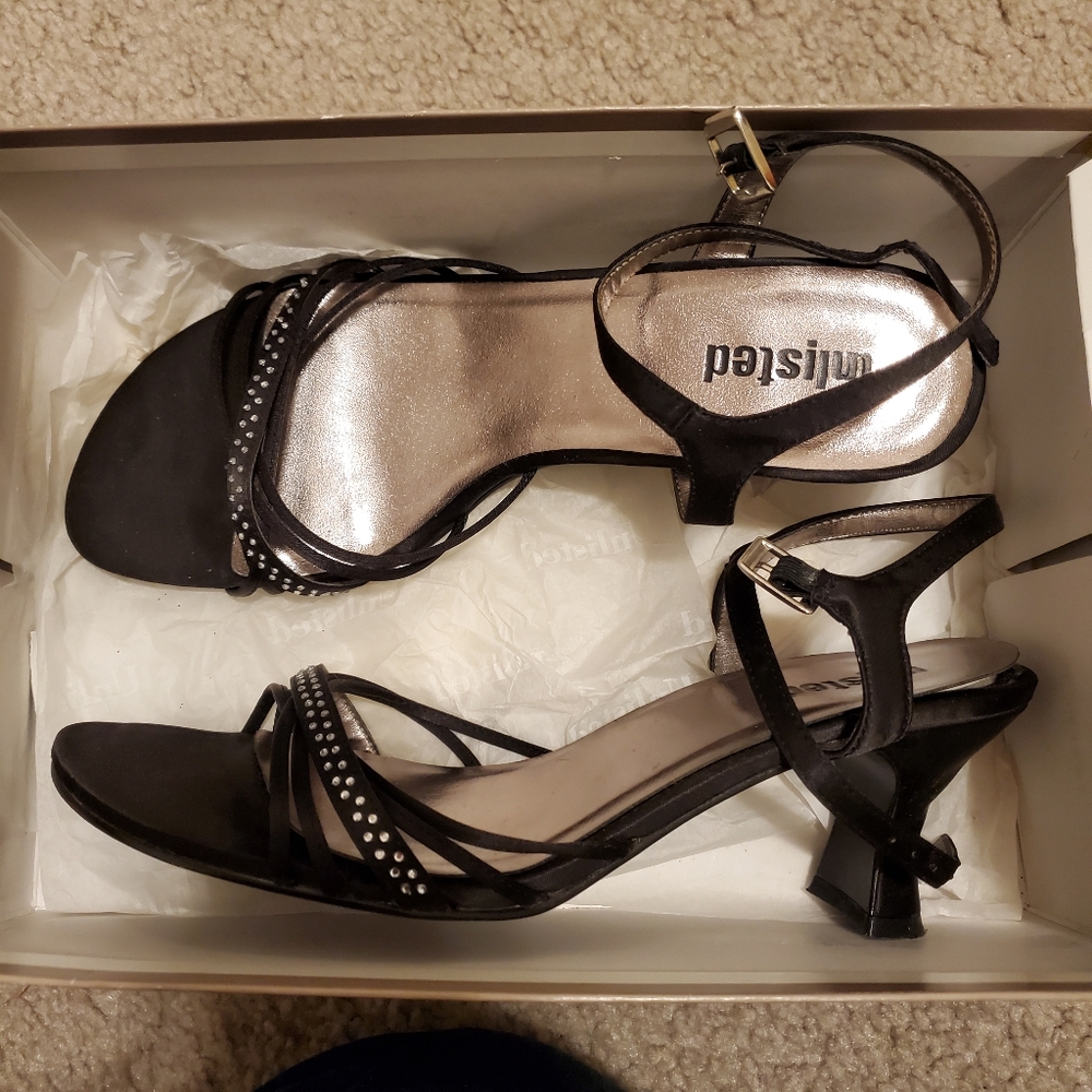 Unlisted Leather Strap Sandals Heels Rhinestone Black 9